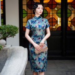 Green Spring Summer Retro Elegant Chinese Imitation Silk Short-Sleeved Print Cheongsam Dress