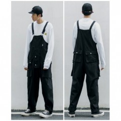 Black Retro fashion men's casual loose multi-pocket suspenders pants jumpsuit