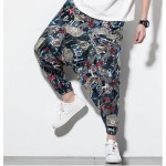 12# Chinese Ethnic Men's Plus Size Linen Print Loose Casual Harem Pants Bloomers  (Trousers with pockets on sides)