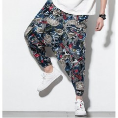 12# Chinese Ethnic Men's Plus Size Linen Print Loose Casual Harem Pants Bloomers  (Trousers with pockets on sides)