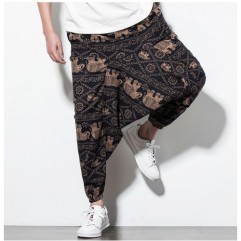 13# Chinese Ethnic Men's Plus Size Linen Print Loose Casual Harem Pants Bloomers  (Trousers with pockets on sides)