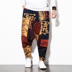 15# Chinese Ethnic Men's Plus Size Linen Print Loose Casual Harem Pants Bloomers  (Trousers with pockets on sides)