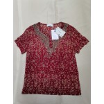 PTJKU Women's Elegant Floral Embroidered Blouse Short Sleeve Shirts Red