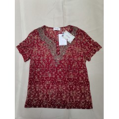 PTJKU Women's Elegant Floral Embroidered Blouse Short Sleeve Shirts Red