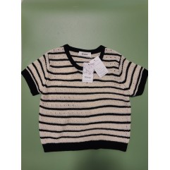 Ctxxun Women's Tops Knitted Short Sleeve T-Shirts Crewneck Striped Sweaters